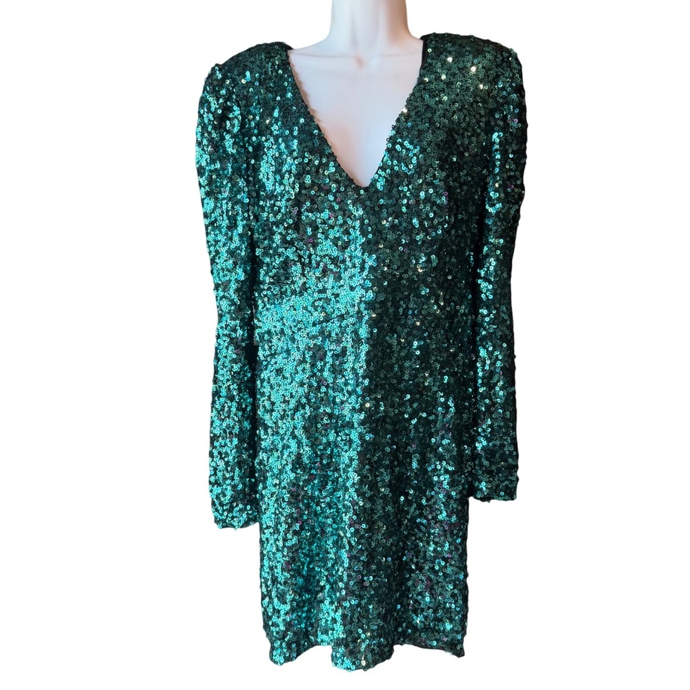 Lulus Sequin Long Sleeve Mini Dress V Neck Green Womens Size Large New With Tag